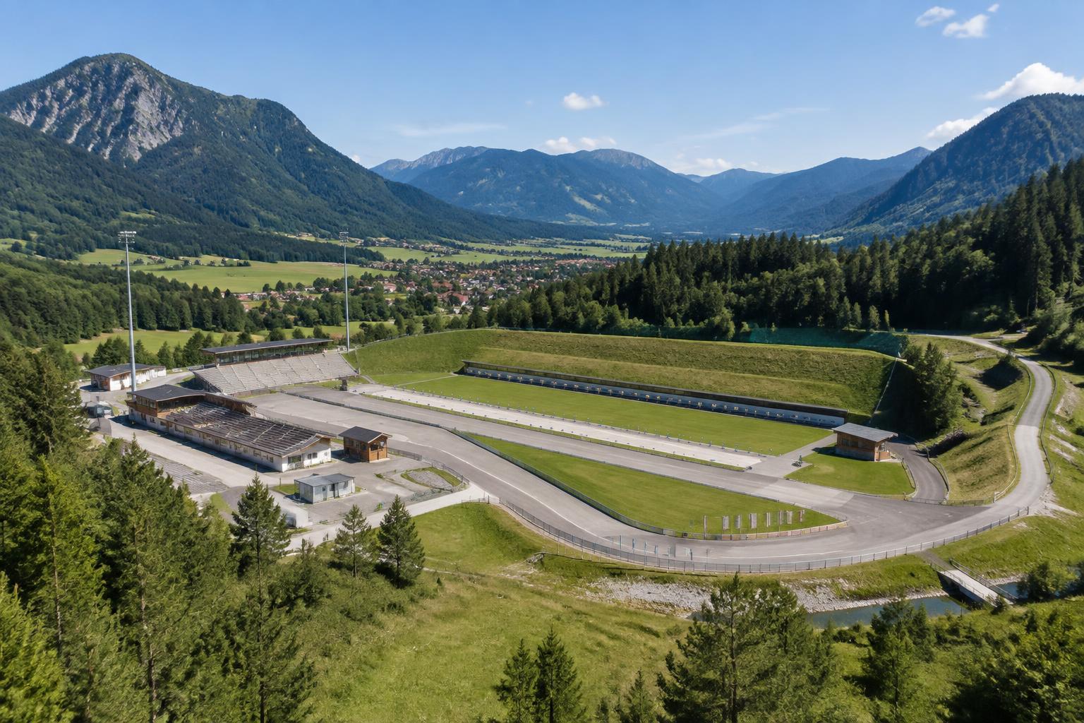 Chiemgau Arena Ruhpolding aus der Luft mit Bergen